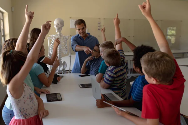 Främre Vit Manlig Lärare Med Hjälp Modell Ett Mänskligt Skelett — Stockfoto