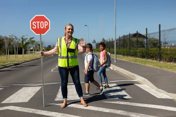 Front View Blonde Caucasian Woman Wearing High Visibility Vest Holding — 스톡 사진