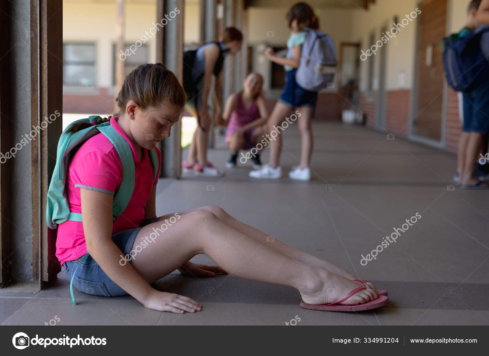 Side View Caucasian Schoolgirl Wearing Pink Shirt Shorts Flip Flops Stock  Photo by ©Wavebreakmedia 334991204