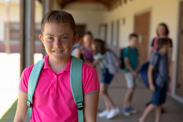 Portrait Caucasian Schoolgirl Wearing Pink Shirt Rucksack Standing Schoolyard Elementary — 스톡 사진