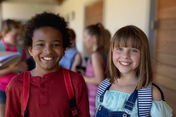 Front View Close African American Schoolboy Caucasian Schoolgirl Standing Together — Stock Photo, Image