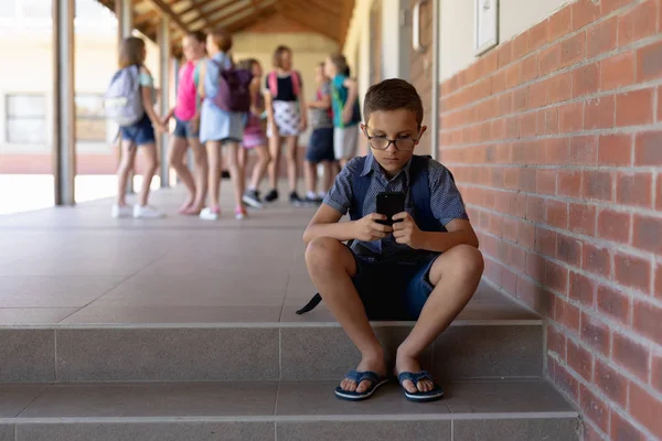 Front View Caucasian Schoolboy Wearing Glasses Shorts Flip Flops Rucksack — Stock Photo, Image