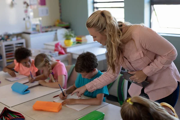 Side View Caucasian Female Elementary School Teacher Long Blonde Hair — Stockfoto