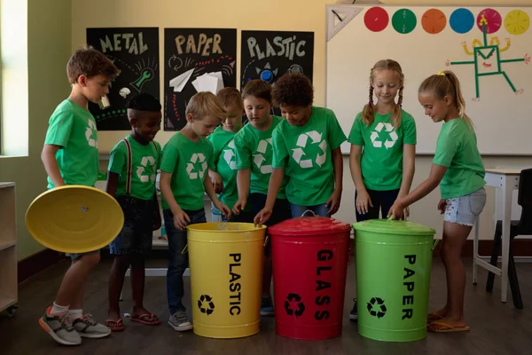 Side View Diverse Group Schoolchildren Wearing Green Shirts White Recycling — Stock Photo, Image