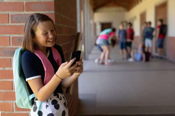 Side View Caucasian Schoolgirl Wearing Rucksack Leaning Wall Schoolyard Elementary — 스톡 사진