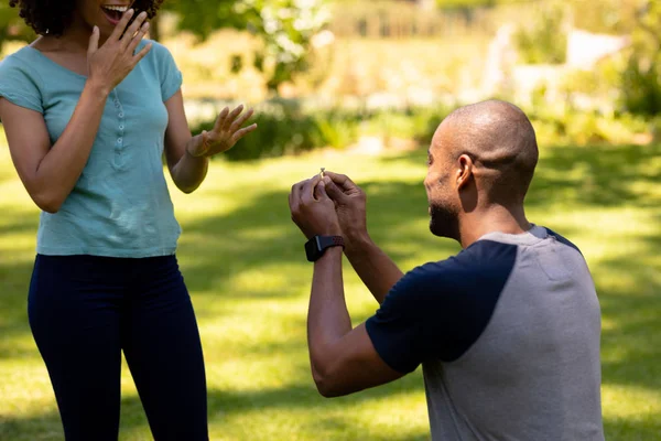 Vista Trasera Hombre Afroamericano Arrodillado Jardín Proponiéndole Matrimonio Compañera Raza —  Fotos de Stock