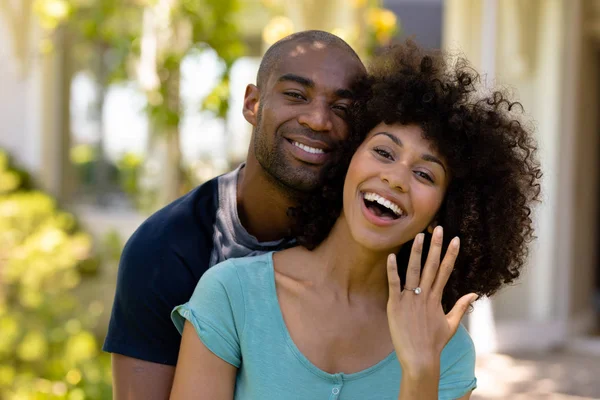 Front View Close Mixed Race Couple Standing Garden Embracing Smiling — Stock Photo, Image