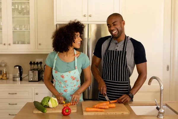 Front View Mixed Race Couple Home Standing Kitchen Wearing Aprons — Stock Photo, Image