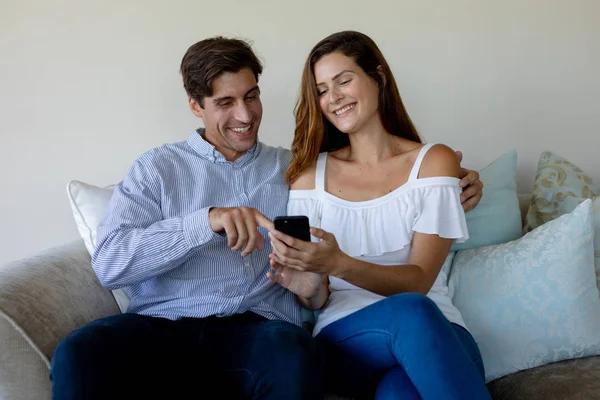 Front View Caucasian Couple Home Sitting Living Room Couch Using — Stock Photo, Image