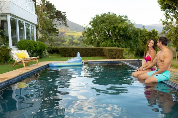 Side View Caucasian Couple Wearing Beachwear Garden Sitting Side Swimming — Stock Photo, Image