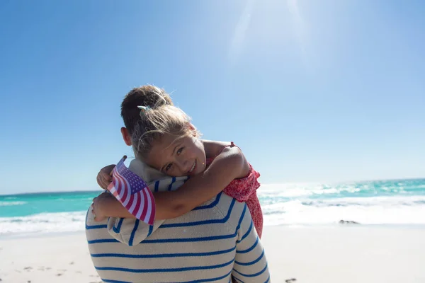 Rear View Caucasian Girl Raising American Flag Her Father Standing — Stock Photo, Image