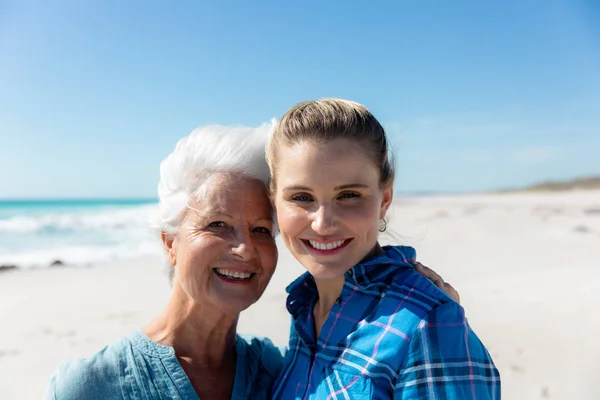 Portrait Close Caucasian Woman Her Mother Standing Beach Blue Sky — 스톡 사진