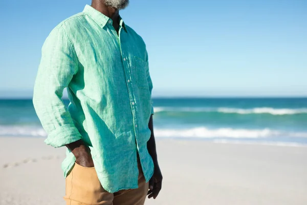 Vista Laterale Metà Sezione Anziano Afroamericano Piedi Sulla Spiaggia Con — Foto Stock