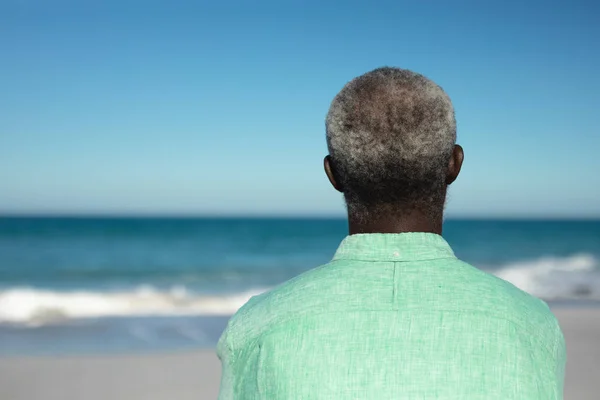 Rear View Senior African American Man Standing Beach Blue Sky — Stock Photo, Image