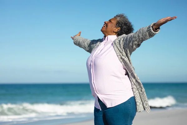 一个站在海滩上的非洲裔美国妇女的侧面照片 背景是蓝天和大海 她张开双臂微笑着 — 图库照片