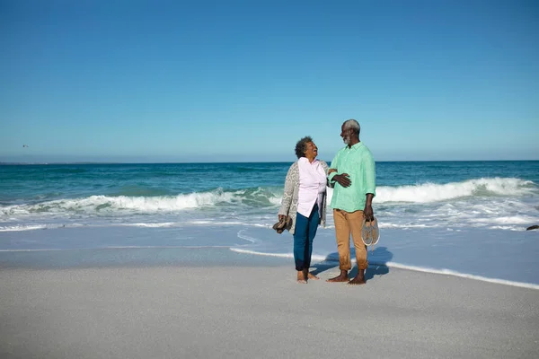 Front View Senior African American Couple Standing Beach Blue Sky — 스톡 사진