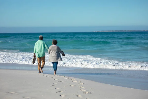 Rear View Senior African American Couple Walking Beach Blue Sky — Stock Photo, Image