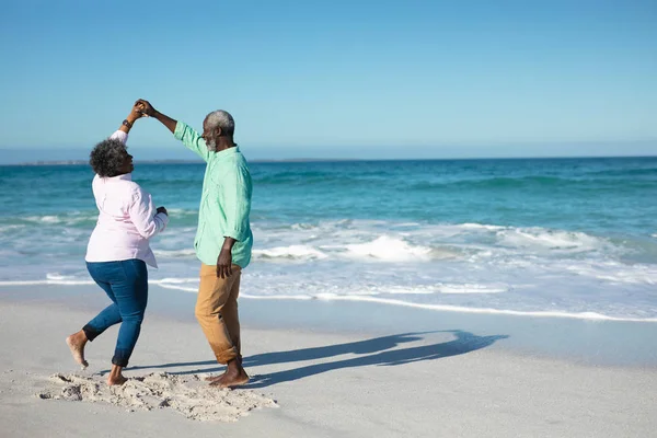 Rear View Senior African American Couple Standing Beach Blue Sky — 스톡 사진