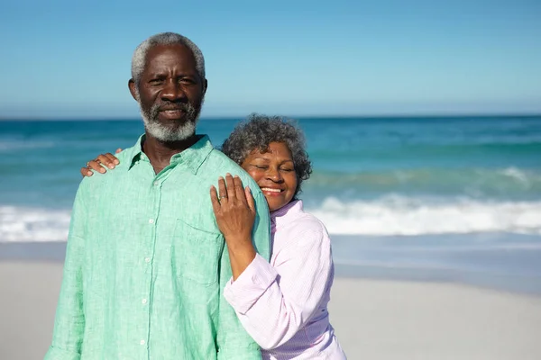 Portrait Senior African American Couple Standing Beach Blue Sky Sea — Stock Photo, Image