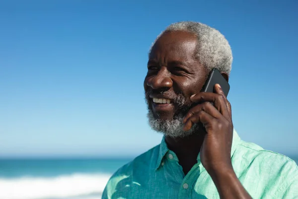 Front View Close Senior African American Man Standing Beach Blue — 스톡 사진