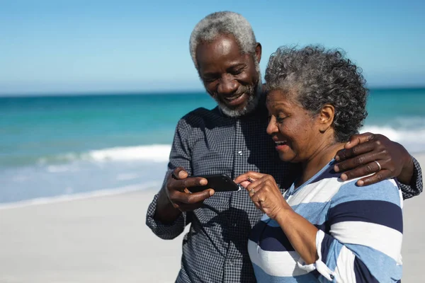 Side View Close Senior African American Couple Standing Beach Blue — 스톡 사진