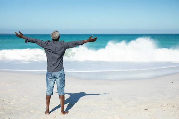 Rear View Senior African American Man Standing Beach Blue Sky — 스톡 사진