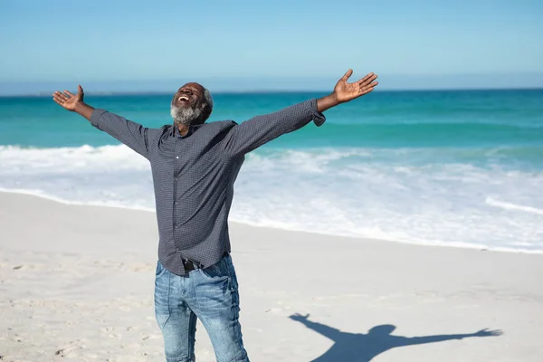 Front View Senior African American Man Standing Beach Blue Sky — Stock Photo, Image