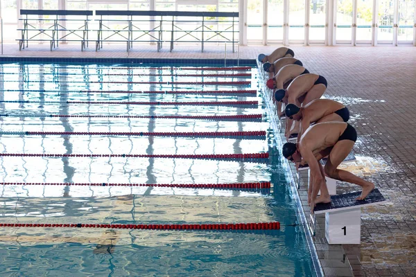 High Angle Side View Multi Ethnic Group Male Swimmers Swimming — 스톡 사진