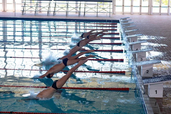 High Angle Side View Multi Ethnic Group Male Swimmers Swimming — 图库照片