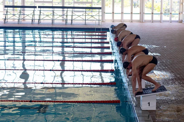 High Angle Side View Multi Ethnic Group Male Swimmers Swimming — ストック写真