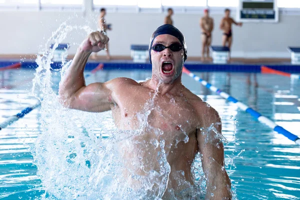 Front View Caucasian Male Swimmer Swimming Pool Wearing Black Swimming — ストック写真