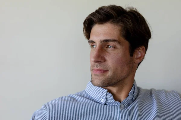 Front View Close Caucasian Man Short Dark Hair Wearing Striped — Stock Photo, Image