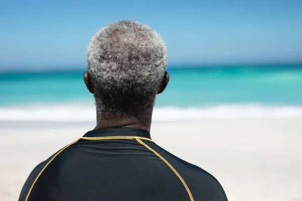 背景に青い空と海と 地平線を探して 太陽の下でビーチで上級アフリカ系アメリカ人の男の後ろのビュー — ストック写真