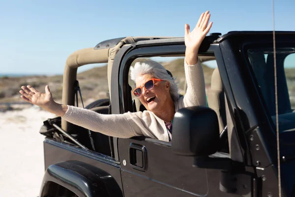 Front View Senior Caucasian Woman Beach Sun Sitting Driving Seat — Stock Photo, Image
