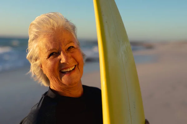 Front View Close Senior Caucasian Woman Beach Sunset Standing Sand — 스톡 사진