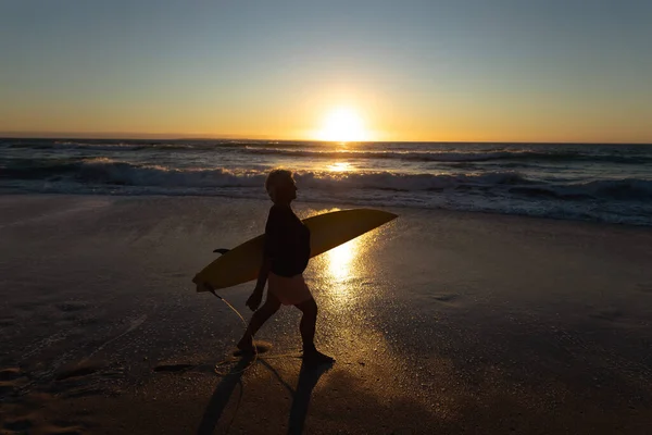 Side View Silhouette Senior Caucasian Woman Beach Sunset Walking Sand — 스톡 사진