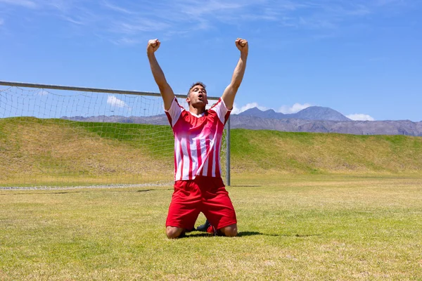 Portrait Caucasian Male Football Player Wearing Team Strip Training Sports — Stockfoto