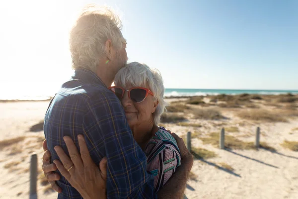 Side View Close Senior Caucasian Couple Beach Sun Standing Embracing — Stock Photo, Image