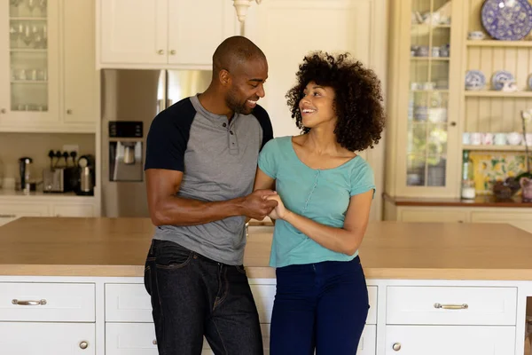 Weekend Home Together Front View Mixed Race Couple Standing Kitchen — Stock Photo, Image