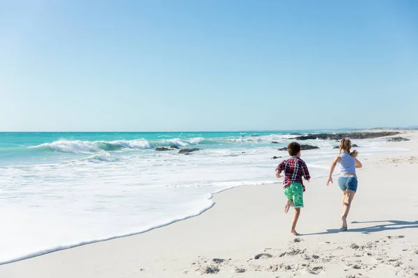 Vista Posteriore Dei Fratelli Caucasici Sulla Spiaggia Con Cielo Blu — Foto Stock