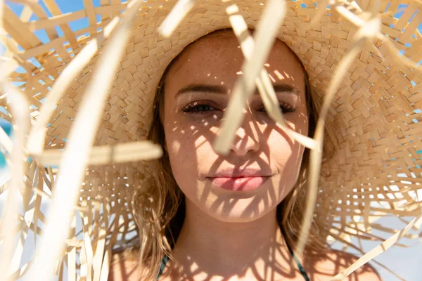 Front View Caucasian Woman Wearing Straw Hat Reclining Beach Sunbathing — 스톡 사진