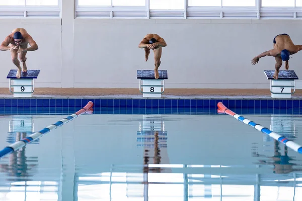 Front View Three Male Swimmers Swimming Pool Jumping Starting Blocks — 스톡 사진