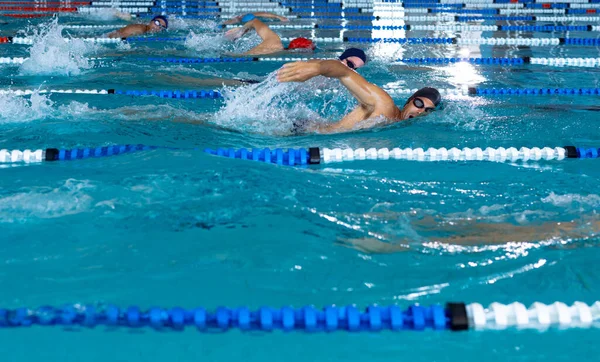 在游泳池边看多种族的男性游泳者 在车道上赛跑 游泳爬行 游泳运动员为比赛而刻苦训练 — 图库照片