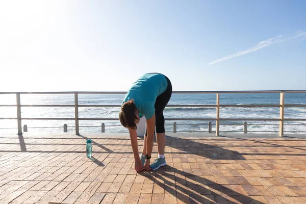 Front View Mature Middle Aged Caucasian Woman Working Out Promenade — Stok fotoğraf