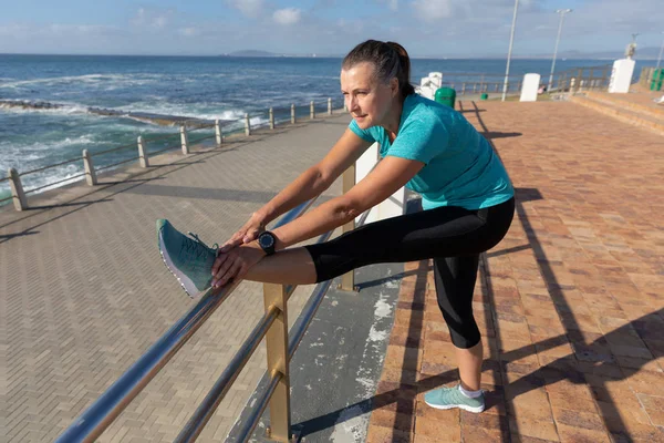 Side View Mature Middle Aged Caucasian Woman Working Out Promenade — Stok fotoğraf