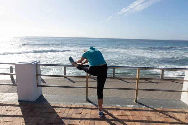 Rear View Mature Middle Aged Caucasian Woman Working Out Promenade — 图库照片