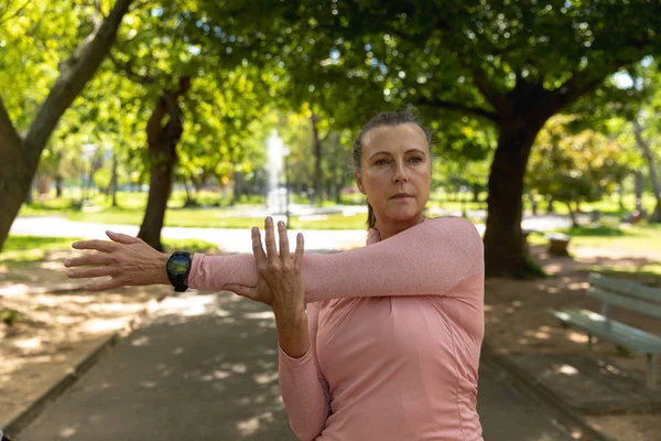 Front View Mature Middle Aged Caucasian Woman Working Out Park — Stok fotoğraf