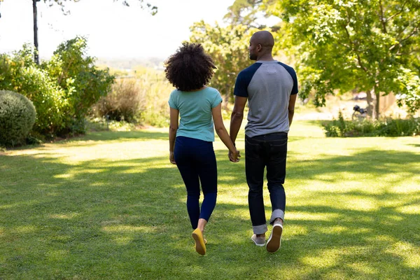 Weekend Fun Home Together Rear View Mixed Race Couple Walking — Stock Photo, Image