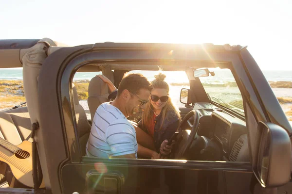 Side View Caucasian Couple Open Top Car Smiling Sunset Weekend — 图库照片