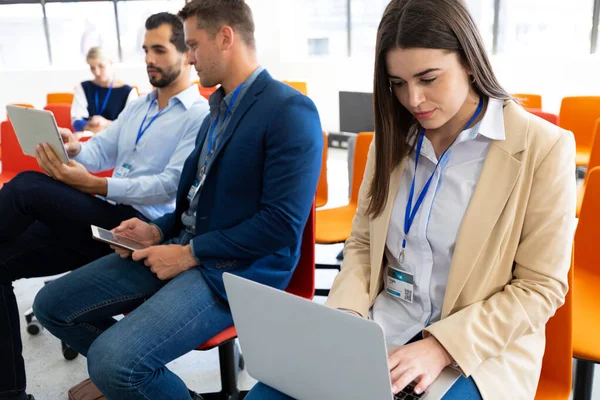 Front View Caucasian Businesswoman Working Modern Office Sitting Using Laptop — Stock Photo, Image